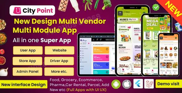 New UI UX Multi Module All in one Super App Food Grocery ecommerce Pharma parcel etc.