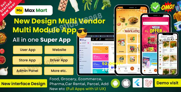 New Design Multi Vendor Multi Module All in one Super App Food Grocery ecommerce pharma parcel