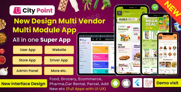 New UI UX Multi Module All in one Super App Food Grocery ecommerce Pharma parcel etc
